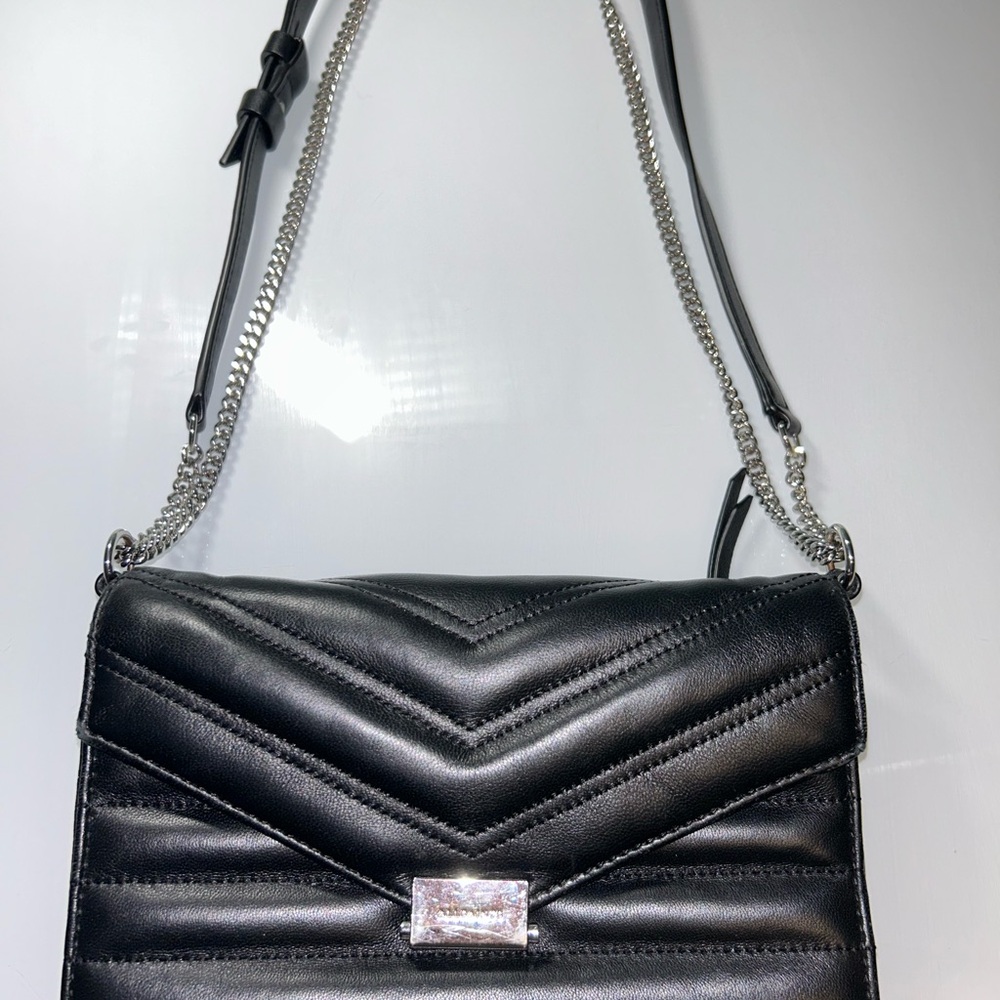 All Saints Black Quilted Leather Crossbody with Silver Chain